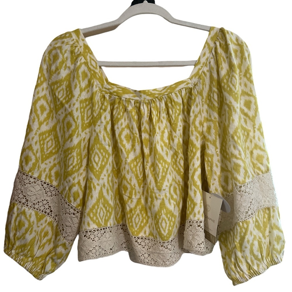 Anthropologie Calligraphie Yellow Linen Crop Square Neck Peasant Lace Top Large